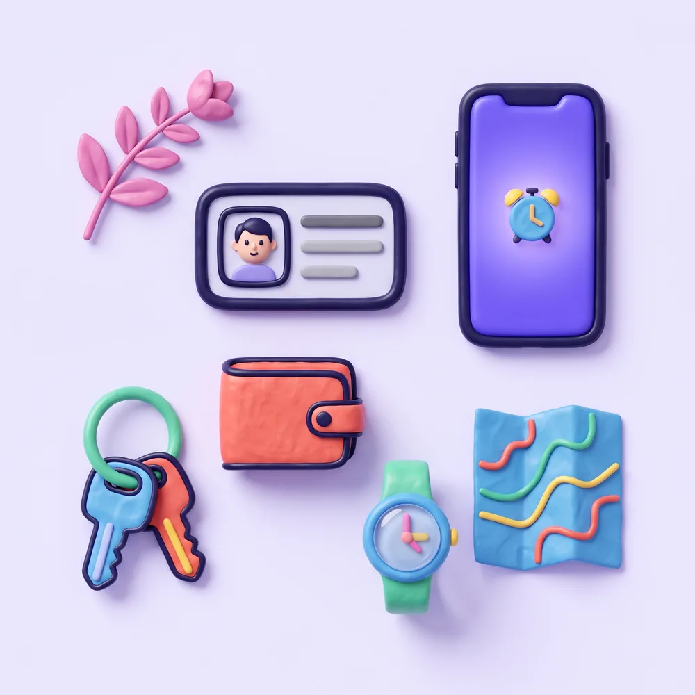 Flat-lay of what to bring: a photo ID card, a phone, a wallet, car keys, a watch and a folded map