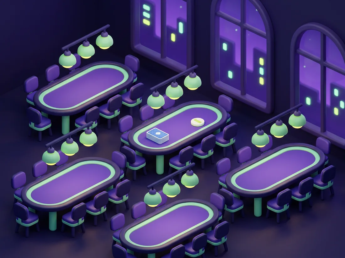 Illustration of a quiet upstairs card room at night: rows of empty violet poker tables under warm lamps, big windows onto the city